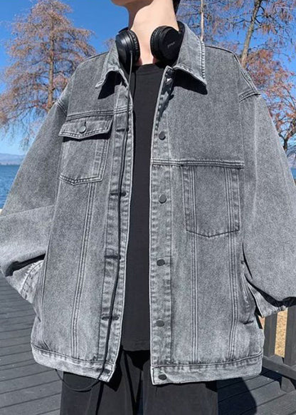 Simple Grey Pockets Solid Oversized Denim Mens Coats