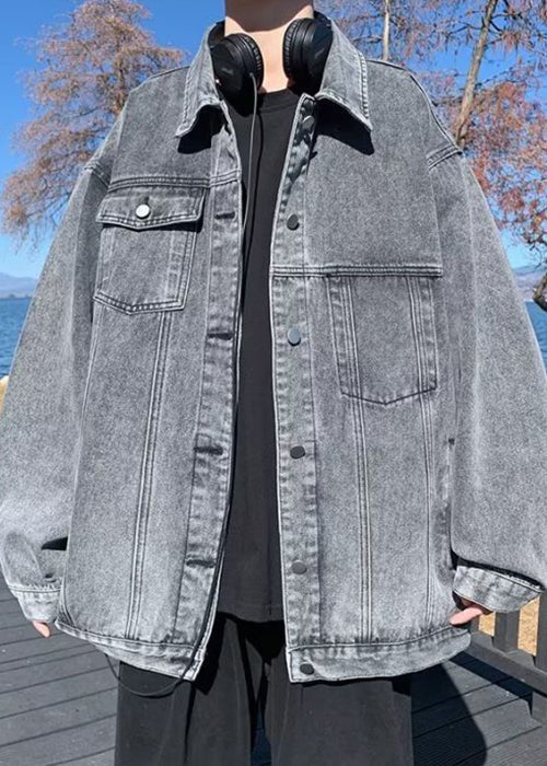 Simple Grey Pockets Solid Oversized Denim Mens Coats
