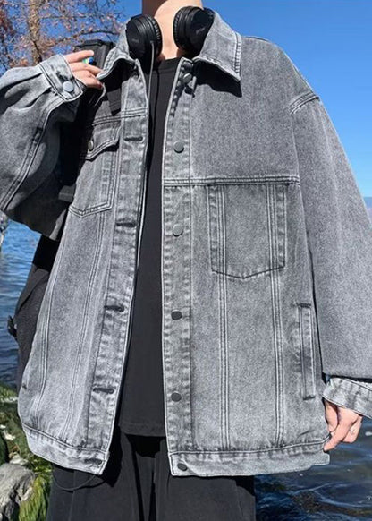 Simple Grey Pockets Solid Oversized Denim Mens Coats