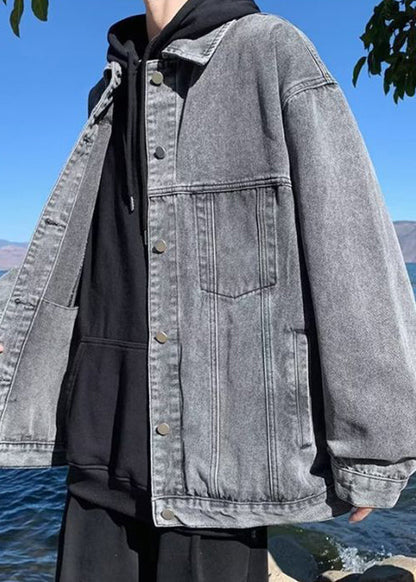 Simple Grey Pockets Solid Oversized Denim Mens Coats