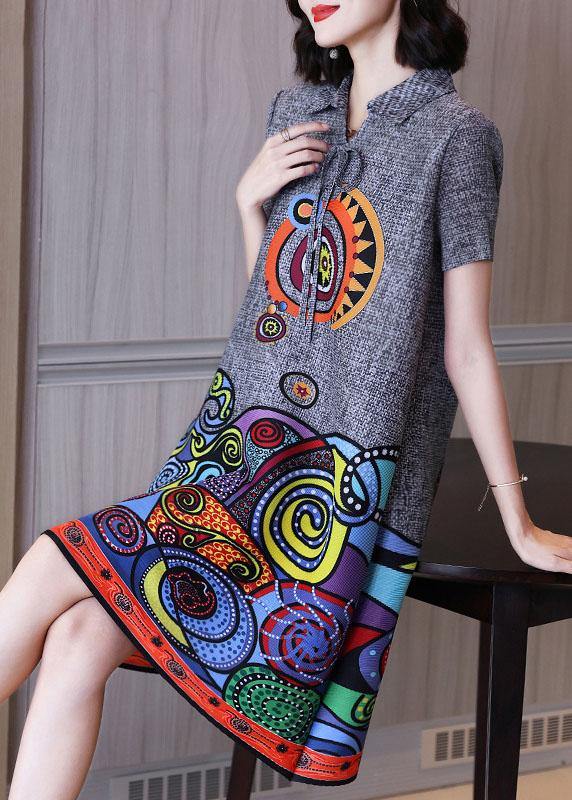 Simple Grey Print Peter Pan Collar Mandarin Collar tie Summer Dress - SooLinen
