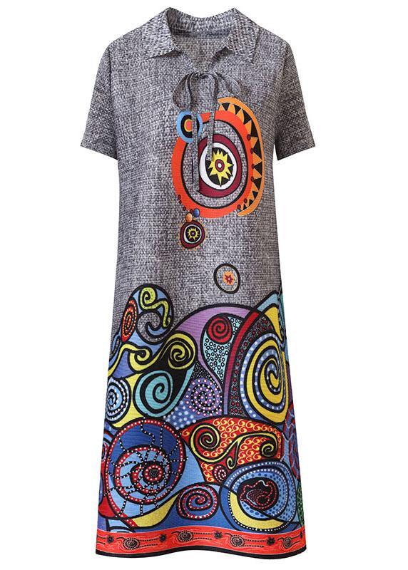 Simple Grey Print Peter Pan Collar Mandarin Collar tie Summer Dress - SooLinen