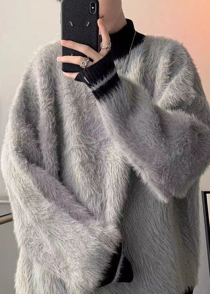 Simple Grey Turtleneck Patchwork Mink Hair Knitted Mens Sweater Winter