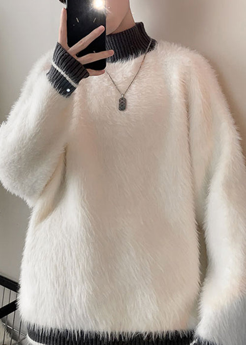 Simple Grey Turtleneck Patchwork Mink Hair Knitted Mens Sweater Winter