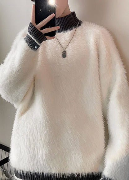 Simple Grey Turtleneck Patchwork Mink Hair Knitted Mens Sweater Winter