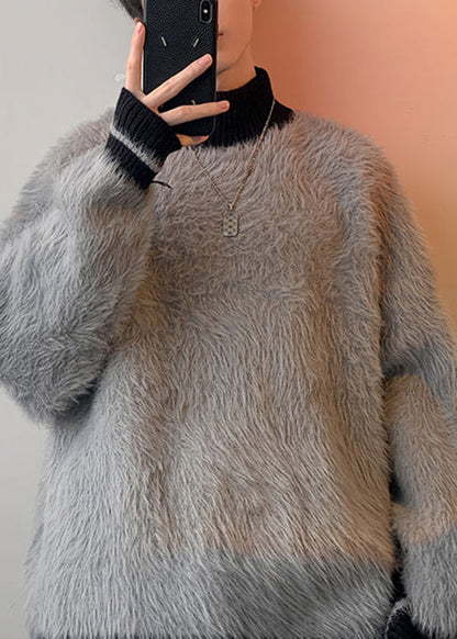 Simple Grey Turtleneck Patchwork Mink Hair Knitted Mens Sweater Winter