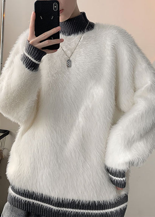 Simple Grey Turtleneck Patchwork Mink Hair Knitted Mens Sweater Winter