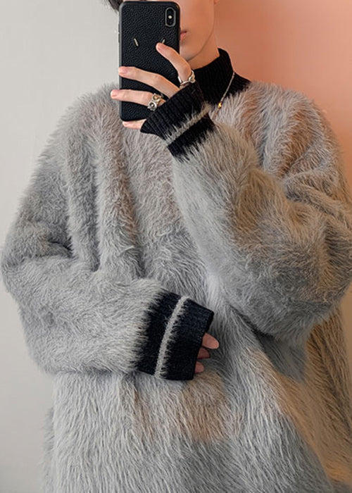 Simple Grey Turtleneck Patchwork Mink Hair Knitted Mens Sweater Winter