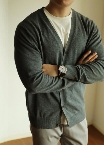 Simple Grey V Neck Button Knit Men Cardigan Spring