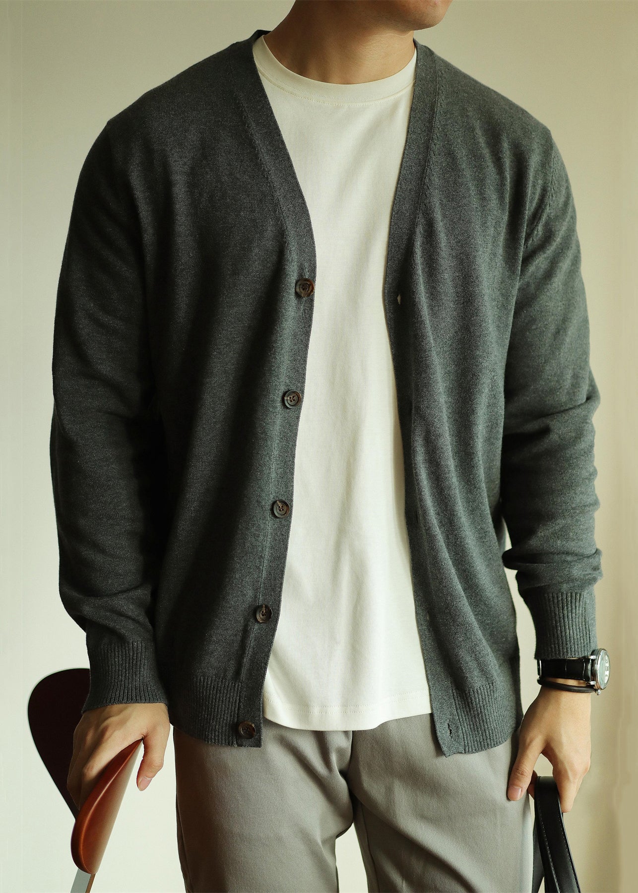 Simple Grey V Neck Button Knit Men Cardigan Spring