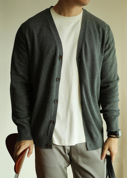 Simple Grey V Neck Button Knit Men Cardigan Spring