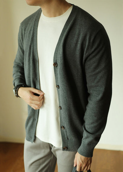 Simple Grey V Neck Button Knit Men Cardigan Spring
