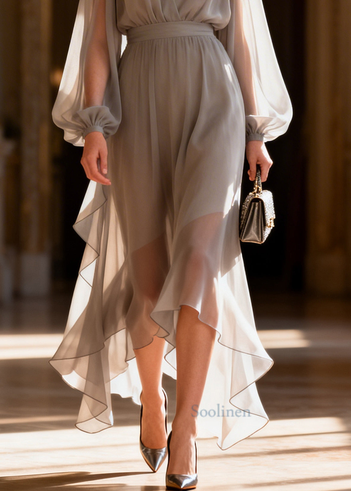 Simple Grey V Neck Draping Chiffon Long Dress Summer