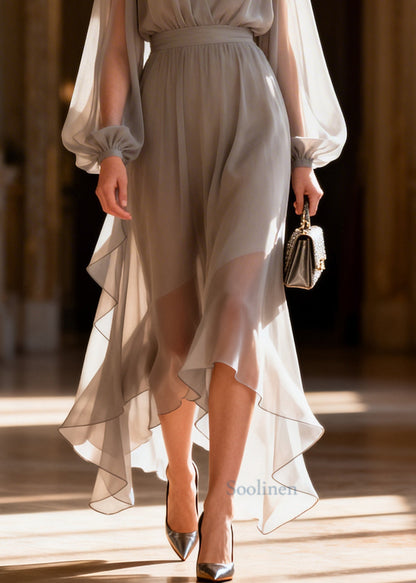 Simple Grey V Neck Draping Chiffon Long Dress Summer