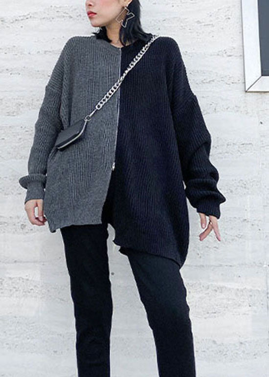 Einfacher grauer seitlich offener Reißverschluss Patchwork Strickpullover Frühling