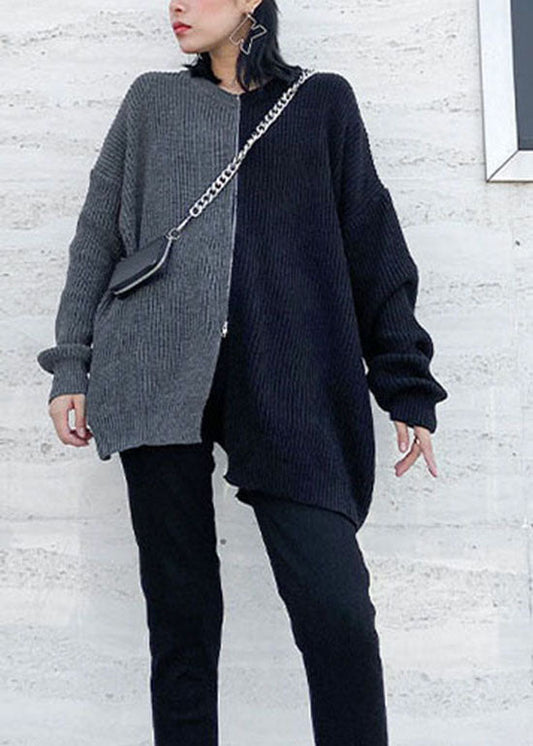 Einfacher grauer seitlich offener Reißverschluss Patchwork Strickpullover Frühling