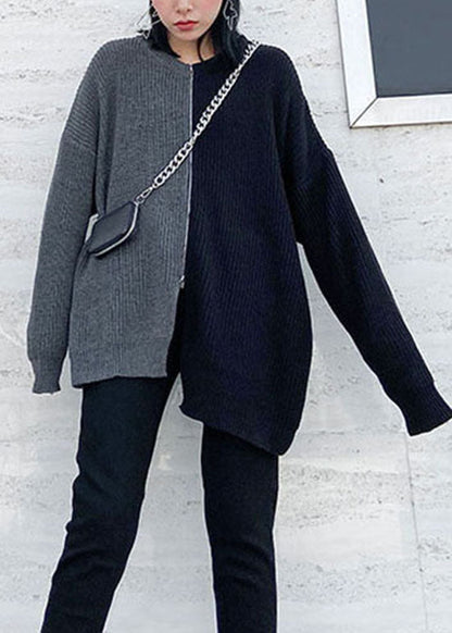 Einfacher grauer seitlich offener Reißverschluss Patchwork Strickpullover Frühling