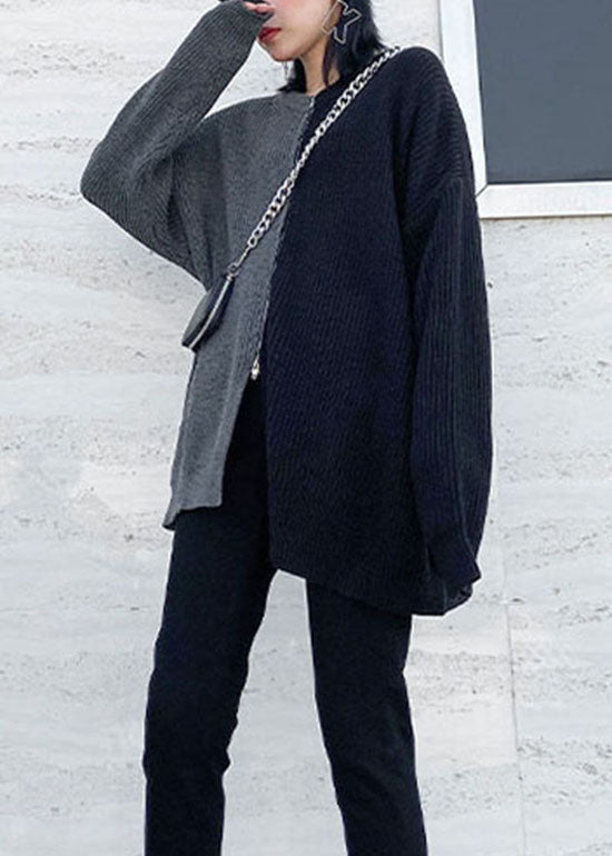 Einfacher grauer seitlich offener Reißverschluss Patchwork Strickpullover Frühling
