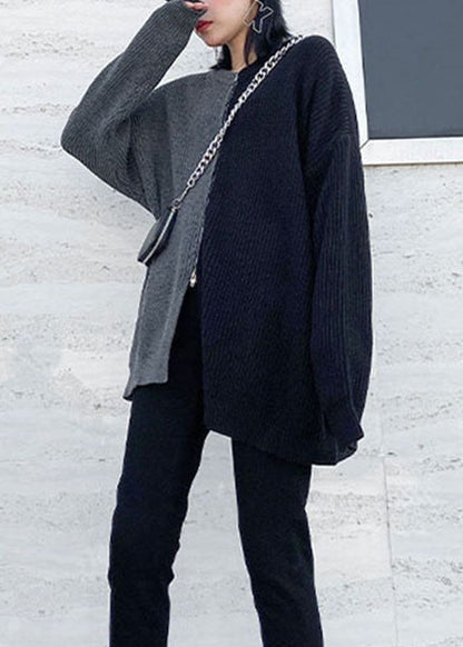 Einfacher grauer seitlich offener Reißverschluss Patchwork Strickpullover Frühling