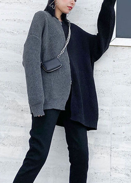 Einfacher grauer seitlich offener Reißverschluss Patchwork Strickpullover Frühling