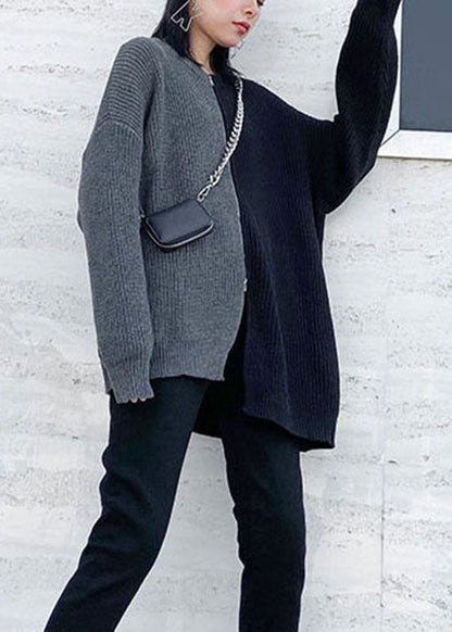 Einfacher grauer seitlich offener Reißverschluss Patchwork Strickpullover Frühling