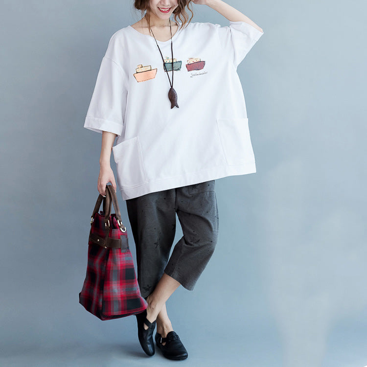 Einfache Halbarmtaschen Baumwolltops Damen Boho Stoffe weiße Tunika