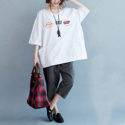 Einfache Halbarmtaschen Baumwolltops Damen Boho Stoffe weiße Tunika