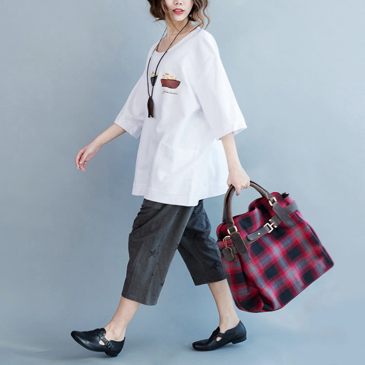 Einfache Halbarmtaschen Baumwolltops Damen Boho Stoffe weiße Tunika