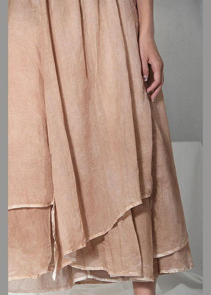 Simple Khaki Elastic Waist Asymmetrical design Skirt Cotton Linen - SooLinen