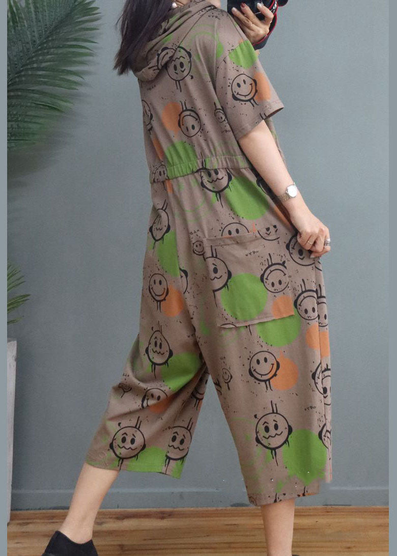 Schlichter Khaki-Jumpsuit aus Baumwolle mit Kapuze und halben Ärmeln