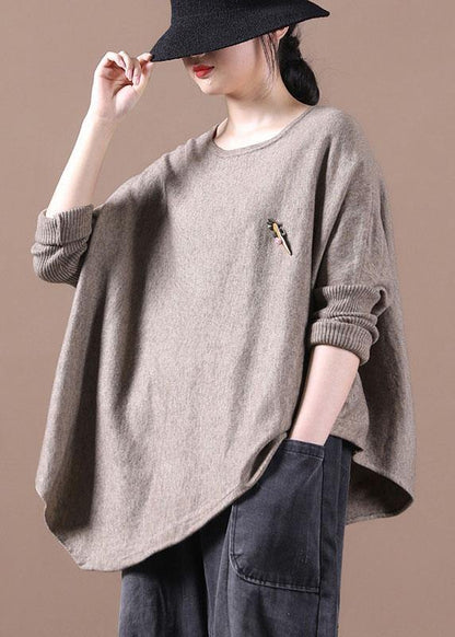 Simple Khaki O-Neck Asymmetrical Design Fall Knitted Top - SooLinen