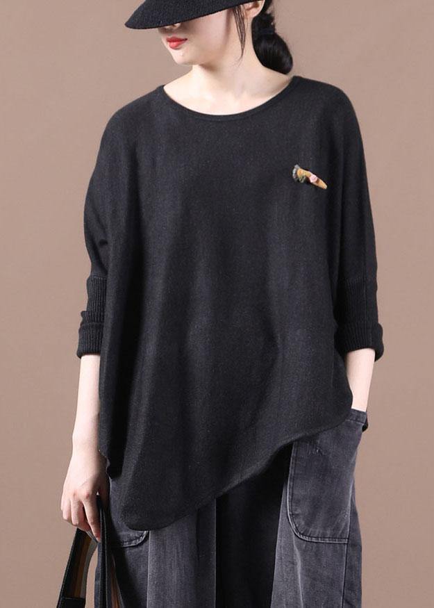 Simple Khaki O-Neck Asymmetrical Design Fall Knitted Top - SooLinen