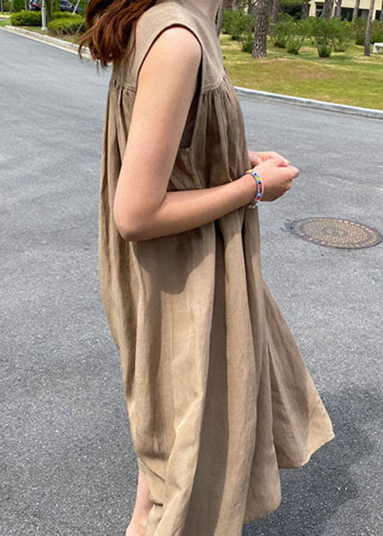 Einfache Khaki O-Ausschnitt Baumwolle Lange Kleider Ärmellos