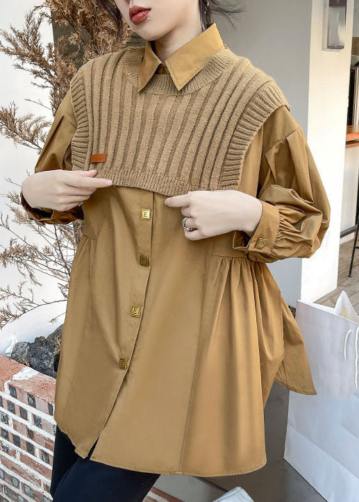 Einfache Khaki Peter Pan Kragen Cinched hemd Strick Weste Zwei Stücke Set Frühling