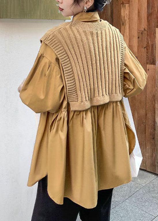 Einfache Khaki Peter Pan Kragen Cinched hemd Strick Weste Zwei Stücke Set Frühling