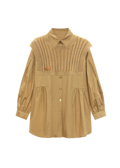 Einfache Khaki Peter Pan Kragen Cinched hemd Strick Weste Zwei Stücke Set Frühling