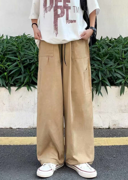 Simple Khaki Pockets Elastic Waist Cotton Mens Wide Leg Pants Summer