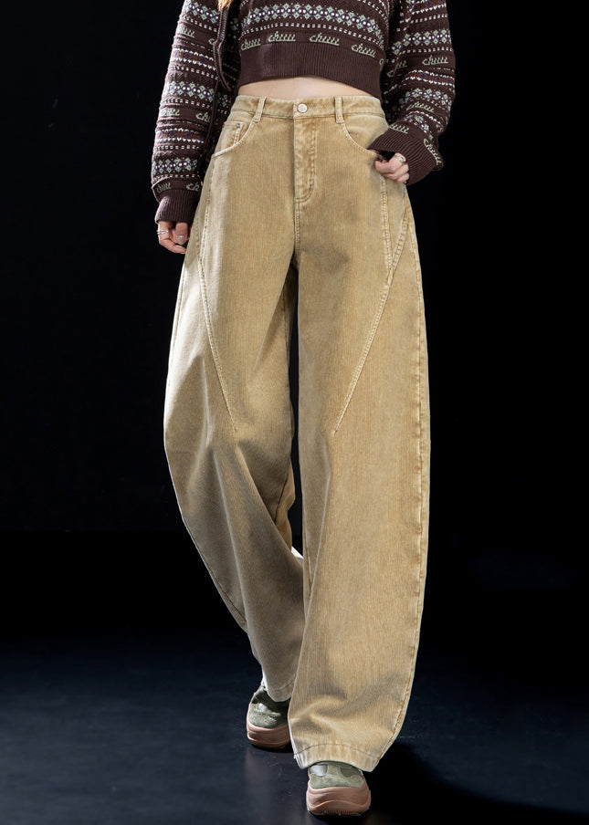 Simple Khaki Pockets High Waist Warm Fleece Corduroy Pants Winter