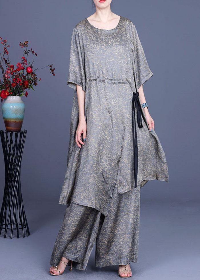 Simple Khaki Print Silk tie waist Wide Leg Two Pieces Set - SooLinen