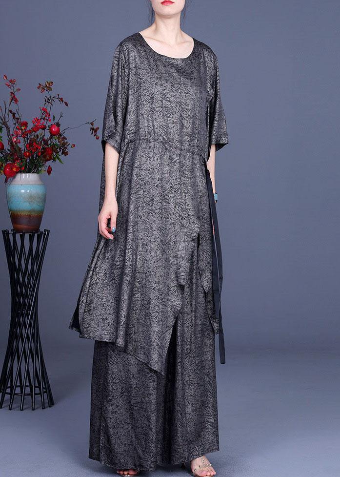 Simple Khaki Print Silk tie waist Wide Leg Two Pieces Set - SooLinen