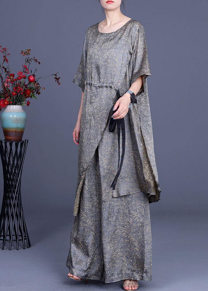 Simple Khaki Print Silk tie waist Wide Leg Two Pieces Set - SooLinen