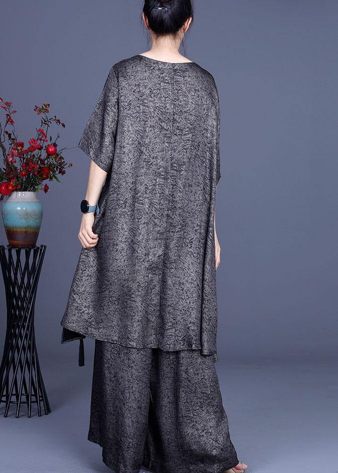 Simple Khaki Print Silk tie waist Wide Leg Two Pieces Set - SooLinen