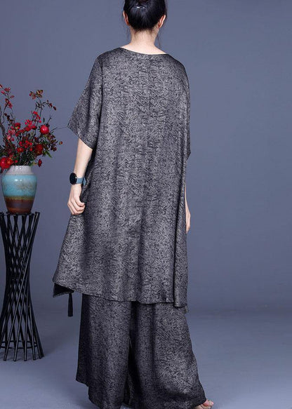 Simple Khaki Print Silk tie waist Wide Leg Two Pieces Set - SooLinen