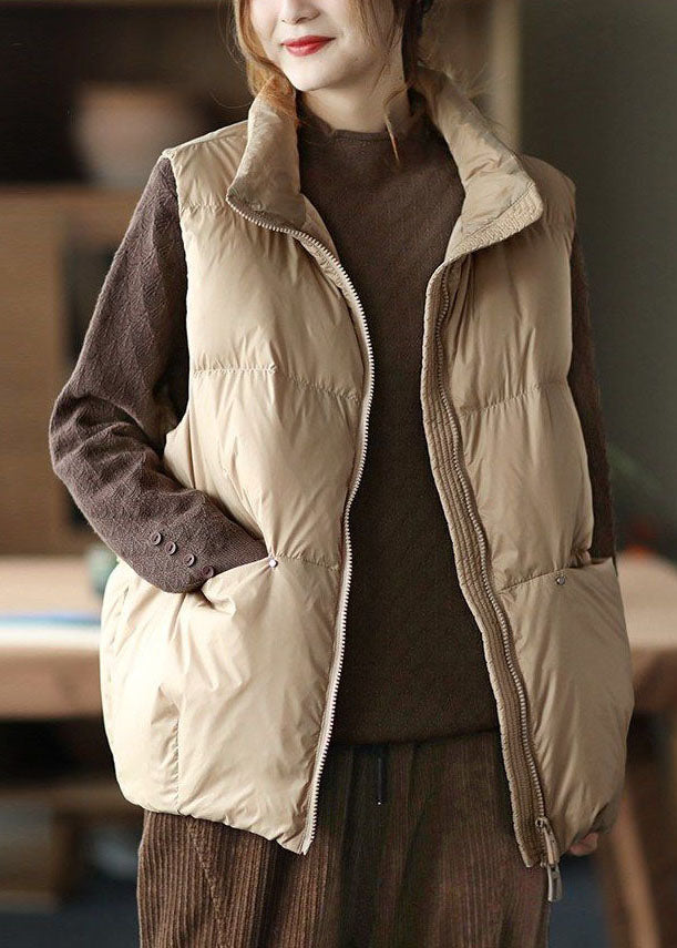 Einfache Khaki Stehkragen Zip Up Taschen Ente Unten Daunenweste Winter