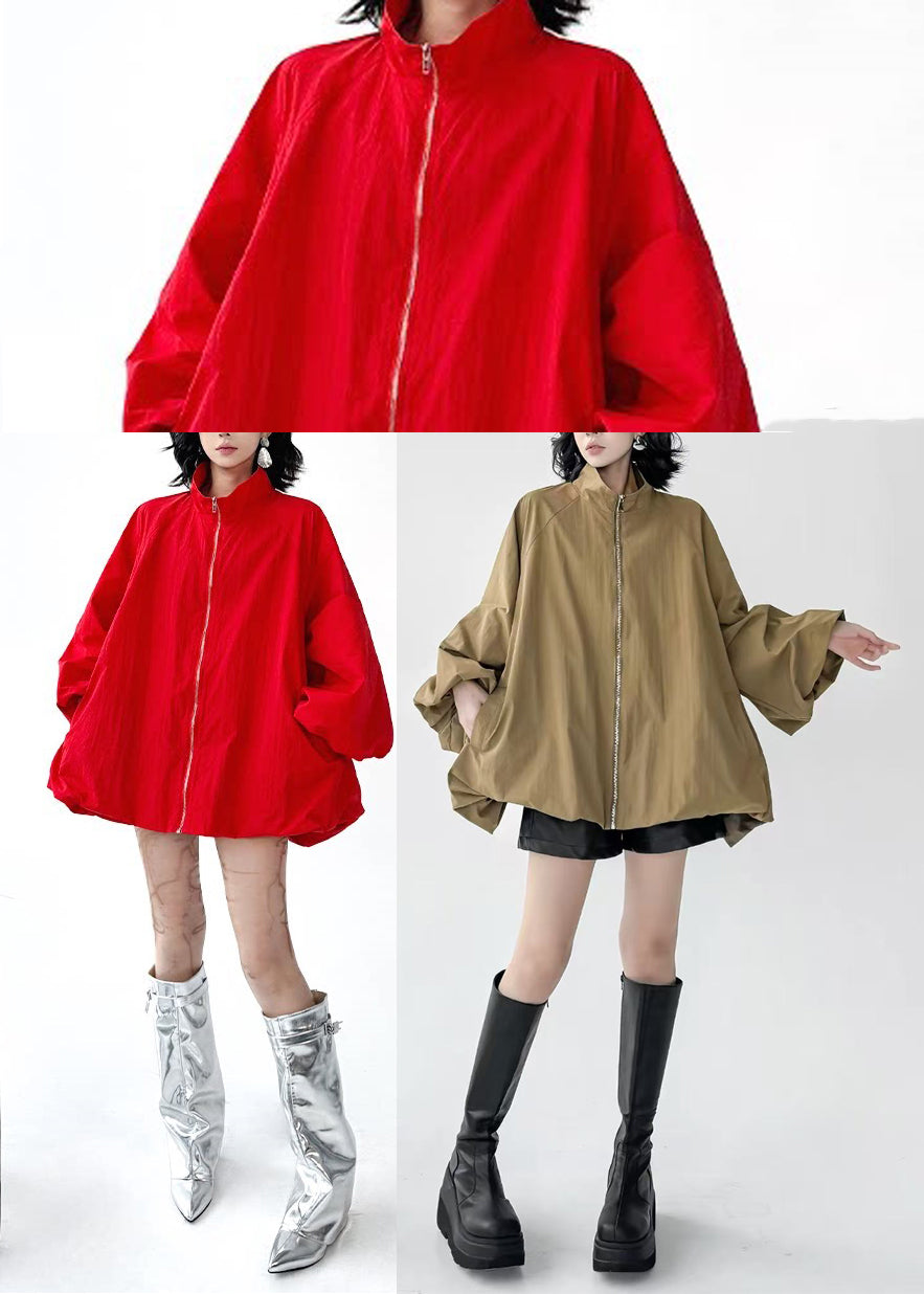 Simple Khaki Stand Collar Zip Up Pockets Jacket Fall