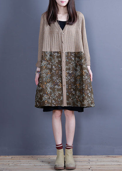 Einfache Khaki V-Ausschnitt Patchwork Strick Lose Strickjacken Frühling