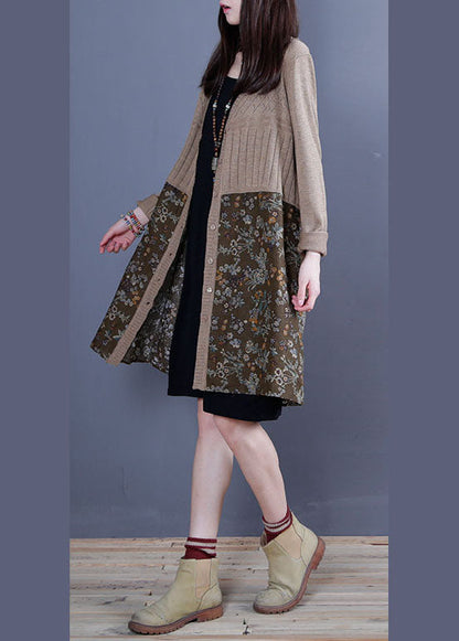 Einfache Khaki V-Ausschnitt Patchwork Strick Lose Strickjacken Frühling