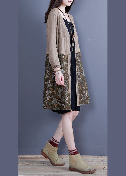 Einfache Khaki V-Ausschnitt Patchwork Strick Lose Strickjacken Frühling