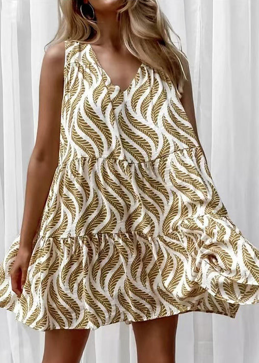 Simple Khaki V Neck Print Cotton Mini Dress Sleeveless