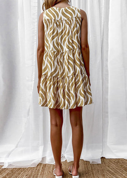 Simple Khaki V Neck Print Cotton Mini Dress Sleeveless
